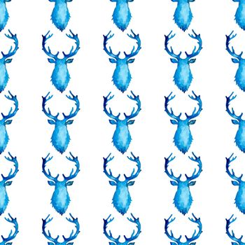 Reindeer XMAS watercolor Deer Stag eamless Pattern in Blue Color. Hand Painted Animal Moose background or wallpaper for Ornament, Wrapping or Christmas Gift.