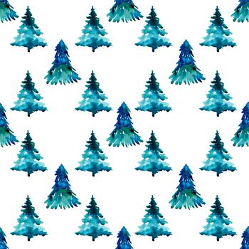 XMAS watercolor Pine Tree Seamless Pattern in Blue Color. Hand Painted fir tree background or wallpaper for Ornament, Wrapping or Christmas Gift.