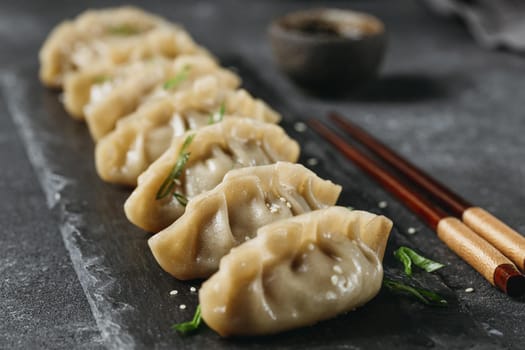 high angle japanese dumplings composition. Resolution and high quality beautiful photo