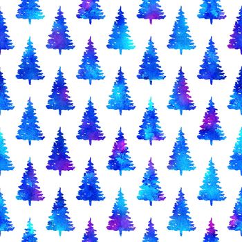 XMAS watercolour Fir Tree Seamless Pattern in Blue Color on white background. Hand-Painted Watercolor Spruce Pine tree wallpaper for Ornament, Wrapping or Christmas Decoration.