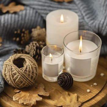 high angle lit candles with string pine cones. Resolution and high quality beautiful photo