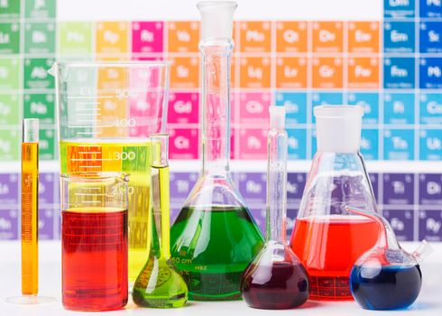 front view science elements with chemicals assortment. High resolution photo