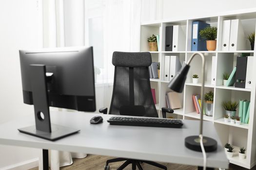 front view office desk with computer chair. Resolution and high quality beautiful photo