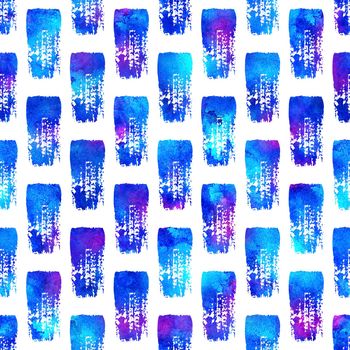 Watercolor Brush Stripes Seamless Pattern Hand Painted Grange Geometric Design in Blue Color. Modern Strokes Grung Collage Background.