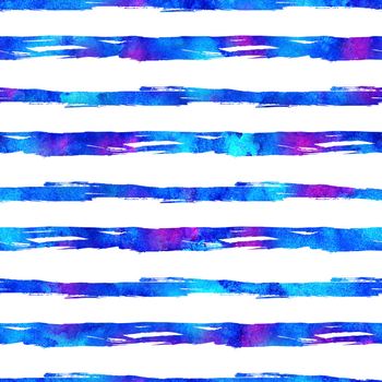 Watercolor Brush Stripes Seamless Pattern Hand Painted Grange Geometric Design in Blue Color. Modern Strokes Grung Collage Background.