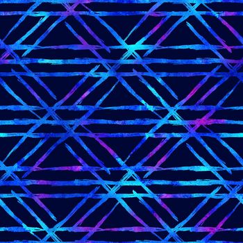 Watercolor Brush Plaid Seamless Pattern Hand Painted Check Grange Geometric Design in Blue Color. Modern Strokes and Stripes.