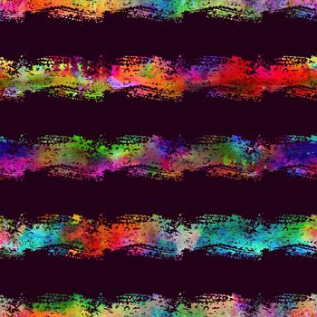 Watercolour Brush Stripes Seamless Pattern Grange Geometric Design in Rainbow Color. Watercolor Modern Strokes Grung Collage on Dark Violet Background.