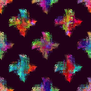 Watercolor Brush Cross Seamless Pattern Grange Geometric Design in Rainbow Color. Modern Grung Collage on Dark Violet Background.