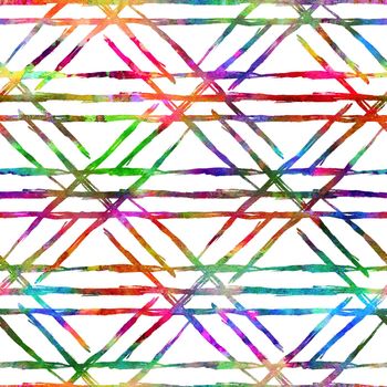 Watercolor Brush Plaid Seamless Pattern Grange Check Geometric Design in Rainbow Color. Modern Strokes Grung Collage Background for kids fabric and textile.