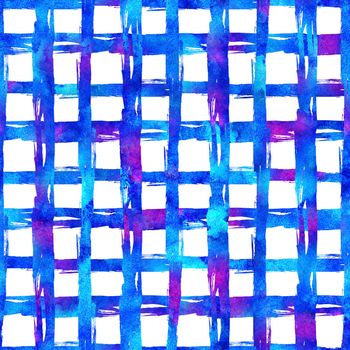 Watercolor Brush Plaid Seamless Pattern Hand Painted Check Grange Geometric Design in Blue Color. Modern Strokes and Stripes.