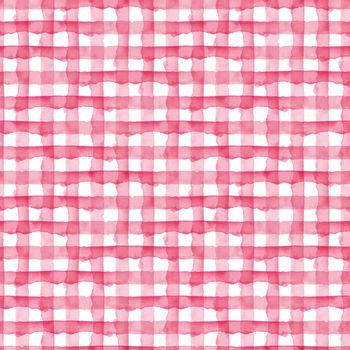 Watercolor Check Geometric Seamless Pattern Background. Plaid in Pink Girly Color. Hand Painted Simple Design with Stripes