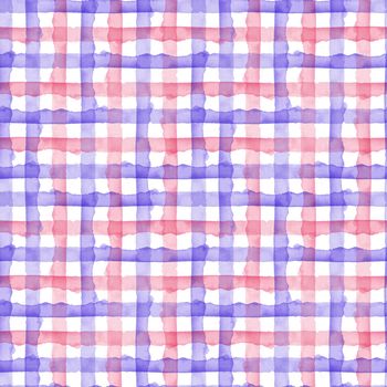 Watercolor Pink Blue Check Geometric Seamless Pattern Background. Plaid in Watercolour Color. Hand Painted Simple Design with Stripes