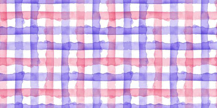 Watercolor Pink Blue Check Geometric Seamless Pattern Background. Plaid in Watercolour Color. Hand Painted Simple Design with Stripes