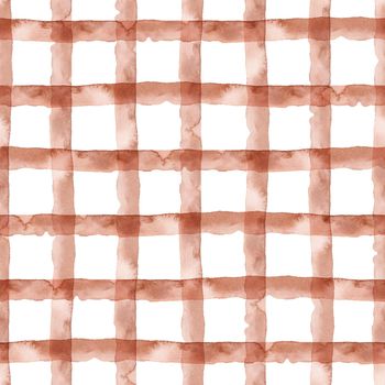 Brown Plaid Abstract Watercolor Geometric Background. Seamless Pattern with Stripes and Check. Handmade Texture for Fabric Design and Paper Wallpaper