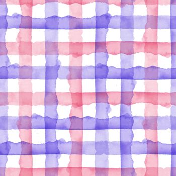 Watercolor Pink Blue Check Geometric Seamless Pattern Background. Plaid in Watercolour Color. Hand Painted Simple Design with Stripes