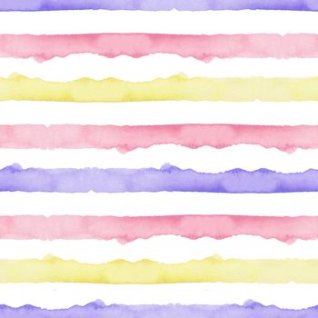 Watercolor Abstract Yellow Pink Blue Stripes Background. Cool Seamless Pattern for Fabric Textile and Paper. Simple Hand Painted Stripe.