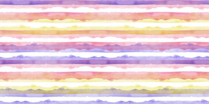 Watercolor Abstract Yellow Pink Blue Stripes Background. Cool Seamless Pattern for Fabric Textile and Paper. Simple Hand Painted Stripe.