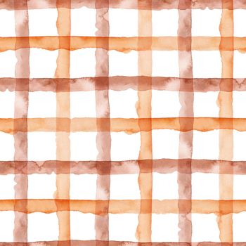 Check Orange Brown Abstract WatercolorSeamless Pattern with Stripes. Plaid Geometric Background. Handmade Texture for Fabric and Wallpaper