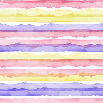 Watercolor Abstract Yellow Pink Blue Stripes Background. Cool Seamless Pattern for Fabric Textile and Paper. Simple Hand Painted Stripe.
