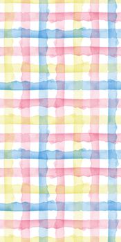 Plaid Watercolor Abstract Yellow Pink Blue Stripes Background. Cool Seamless Check Pattern for Fabric Textile and Paper. Simple Hand Painted Stripe.