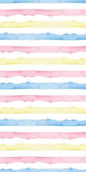 Watercolor Abstract Yellow Pink Blue Stripes Background. Cool Seamless Pattern for Fabric Textile and Paper. Simple Hand Painted Stripe.