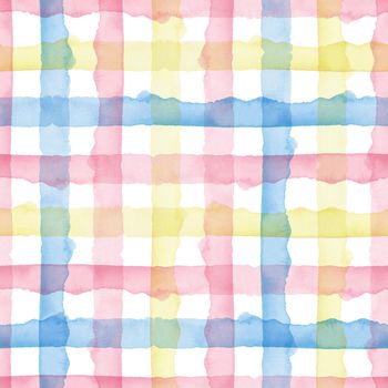 Plaid Watercolor Abstract Yellow Pink Blue Stripes Background. Cool Seamless Check Pattern for Fabric Textile and Paper. Simple Hand Painted Stripe.