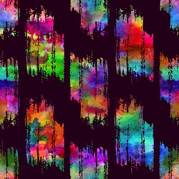 Watercolour Brush Stripes Seamless Pattern Grange Geometric Design in Rainbow Color. Watercolor Modern Strokes Grung Collage on Dark Violet Background.