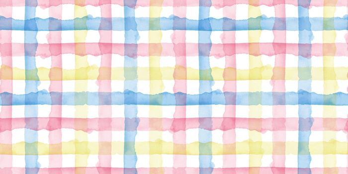 Plaid Watercolor Abstract Yellow Pink Blue Stripes Background. Cool Seamless Check Pattern for Fabric Textile and Paper. Simple Hand Painted Stripe.