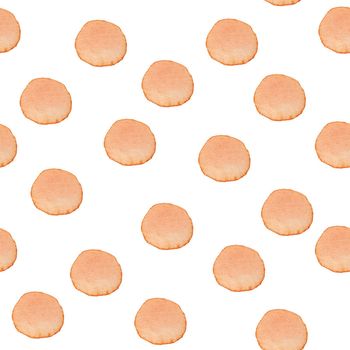 Hand Painted Brush Polka Dot Seamless Watercolor Pattern. Abstract watercolour Round Circles in Orange Color. Artistic Design for Fabric and Background.