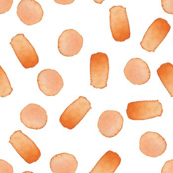 Hand Painted Brush Stroke Dot Seamless Watercolor Pattern. Abstract watercolour shapes in Orange Color. Strokes and Blots. Artistic Design for Fabric and Background.