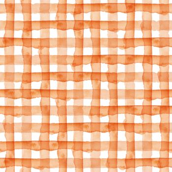 Orange Plaid Abstract Watercolor Geometric Background. Seamless Pattern with Stripes and Check. Handmade Texture for Fabric Design and Paper Wallpaper