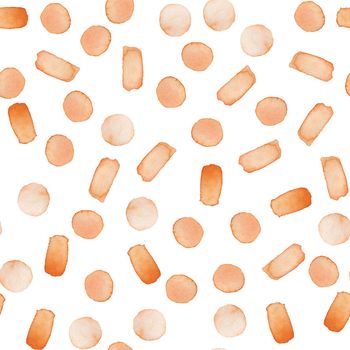 Hand Painted Brush Stroke Dot Seamless Watercolor Pattern. Abstract watercolour shapes in Orange Color. Strokes and Blots. Artistic Design for Fabric and Background.