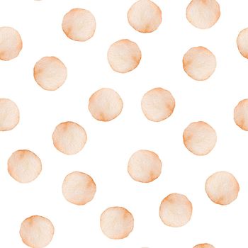 Hand Painted Brush Polka Dot Seamless Watercolor Pattern. Abstract watercolour Round Circles in Orange Color. Artistic Design for Fabric and Background.