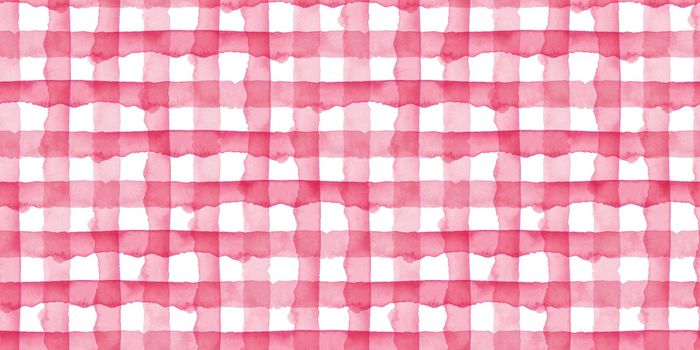 Watercolor Check Geometric Seamless Pattern Background. Plaid in Pink Girly Color. Hand Painted Simple Design with Stripes