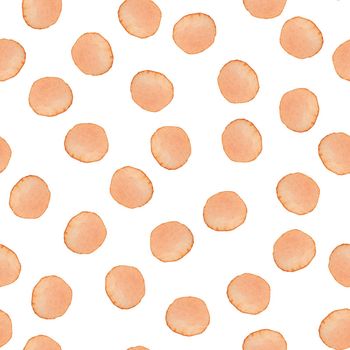 Hand Painted Brush Polka Dot Seamless Watercolor Pattern. Abstract watercolour Round Circles in Orange Color. Artistic Design for Fabric and Background.