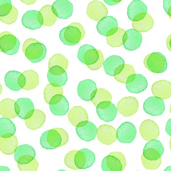 Hand Painted Brush Polka Dot Seamless Watercolor Pattern. Abstract watercolour Round Circles in Green Color. Artistic Design for Fabric and Background.