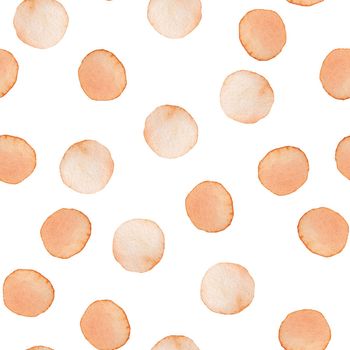 Hand Painted Brush Polka Dot Seamless Watercolor Pattern. Abstract watercolour Round Circles in Orange Color. Artistic Design for Fabric and Background.