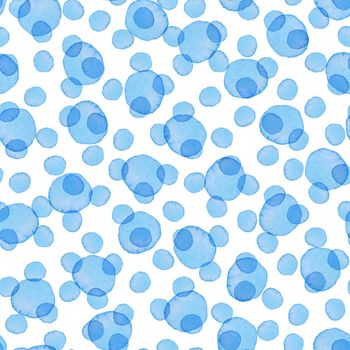 Hand Painted Brush Polka Dot Seamless Watercolor Pattern. Abstract watercolour Round Circles in Blue Color. Artistic Design for Fabric and Background.