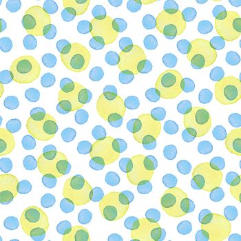 Hand Painted Brush Polka Dot Seamless Watercolor Pattern. Abstract watercolour Round Circles in Blue and Yellow Color. Artistic Design for Fabric and Background.