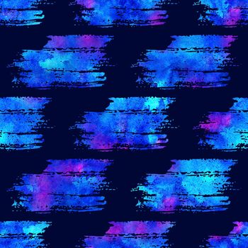 Watercolor Brush Stripes Seamless Pattern Hand Painted Grange Geometric Design in Blue Color. Modern Strokes Grung Collage on Dark Blue Background.