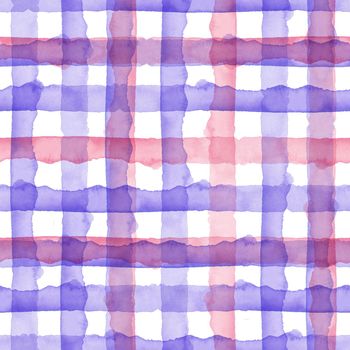 Watercolor Pink Violet Check Seamless Pattern. Simple Plaid Fabric Background. Hand Painted Simple Design with Stripes