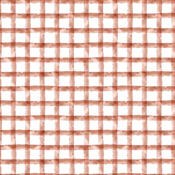 Check Brown Abstract WatercolorSeamless Pattern with Stripes. Plaid Geometric Background. Handmade Texture for Fabric and Wallpaper