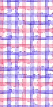 Watercolor Pink Blue Check Geometric Seamless Pattern Background. Plaid in Watercolour Color. Hand Painted Simple Design with Stripes