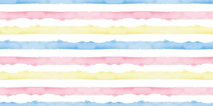 Watercolor Abstract Yellow Pink Blue Stripes Background. Cool Seamless Pattern for Fabric Textile and Paper. Simple Hand Painted Stripe.