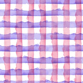 Watercolor Pink Blue Check Geometric Seamless Pattern Background. Plaid in Watercolour Color. Hand Painted Simple Design with Stripes