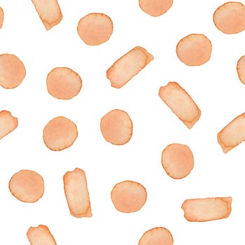 Hand Painted Brush Stroke Dot Seamless Watercolor Pattern. Abstract watercolour shapes in Orange Color. Strokes and Blots. Artistic Design for Fabric and Background.