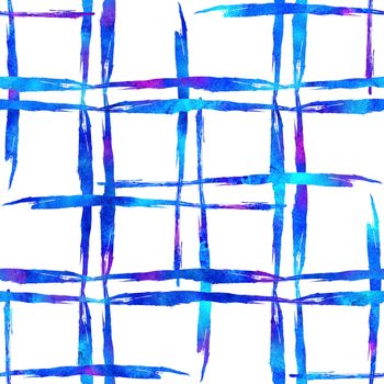 Watercolor Brush Plaid Seamless Pattern Hand Painted Check Grange Geometric Design in Blue Color. Modern Strokes and Stripes.