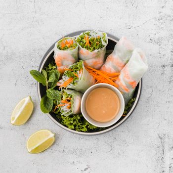 bowl shrimp rolls with sauce lemon slices. Beautiful photo
