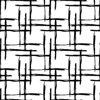 Plaid Brush Seamless Pattern Grange Minimalist Check Geometric Design in Black Color. Modern Grung Collage Background for kids fabric and textile.