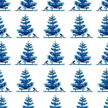 XMAS watercolor Pine Tree and Sleigh Seamless Pattern in Blue Color. Hand Painted fir tree background or wallpaper for Ornament, Wrapping or Christmas Gift.